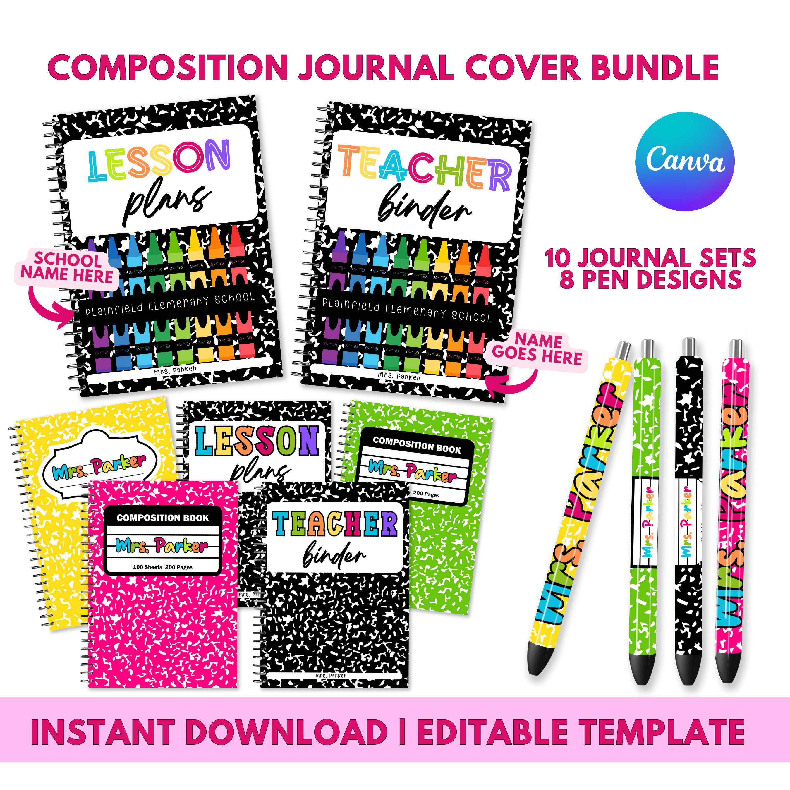 Editable Composition Notebook Bundle Canva Template, Pen Wrap, Teacher Journal Cover, Editable, Lesson Plan, Teacher Binder, Canva Template