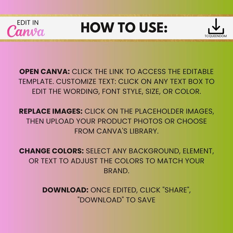 May include: A graphic with instructions on how to use Canva. The text includes steps on opening the template, customizing text, replacing images, changing colors, and downloading the design. The background gradient transitions from pink to green.