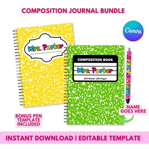 Peut inclure: Un ensemble de cahiers de composition avec un motif moucheté jaune et vert. Les journaux portent le texte "Mrs. Parker" sur la couverture. Un stylo avec le texte "Mrs. Parker" est également inclus. Le texte "Composition Journal Bundle" et "Instant Download | Editable Template" sont également visibles.