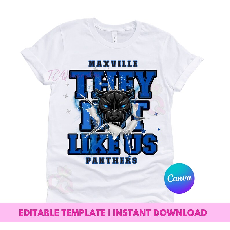 May include: White t-shirt with a blue and black graphic that says "Maxville They Don't Like Us Panthers".
