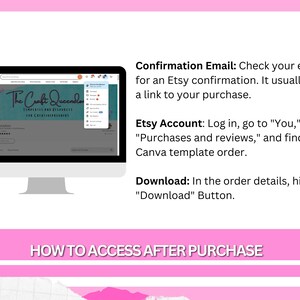 May include: A computer monitor displays an Etsy listing for "The Craft Queendom." Text on the screen details how to access a purchase after buying. A pink banner at the bottom reads "HOW TO ACCESS AFTER PURCHASE."