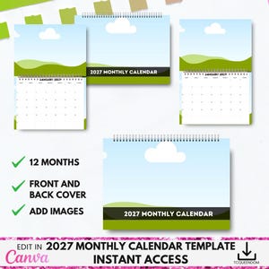 May include: A collection of 2027 monthly calendars with a blue sky and cloud design. The calendars are spiral-bound and feature a green and black banner with the text "2027 MONTHLY CALENDAR". Additional text includes "12 MONTHS", "FRONT AND BACK COVER", and "ADD IMAGES".