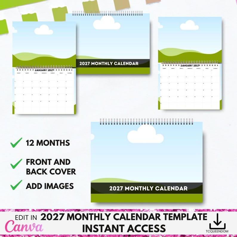 May include: A collection of 2027 monthly calendars with a blue sky and cloud design. The calendars are spiral-bound and feature a green and black banner with the text "2027 MONTHLY CALENDAR". Additional text includes "12 MONTHS", "FRONT AND BACK COVER", and "ADD IMAGES".