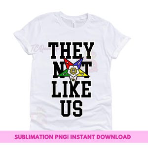 May include: White t-shirt with black text that reads "They Not Like Us" and a five-pointed star with a yellow center and red, blue, green, and yellow points.