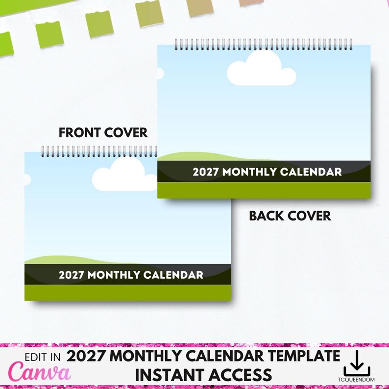 May include: A 2027 monthly calendar template with a blue sky and cloud design. The front and back covers are displayed, each with the text "2027 MONTHLY CALENDAR". The image also includes the Canva logo and the words "INSTANT ACCESS".