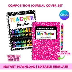 May include: Editable teacher binder and composition book covers with a black and white crayon design and a pink and white composition notebook design. The covers feature the text "Teacher binder" and "Composition Book" with a space for a name. The text "Plainfield Elementary School" and "Mrs. Parker" are also included. A bonus pen template is included.