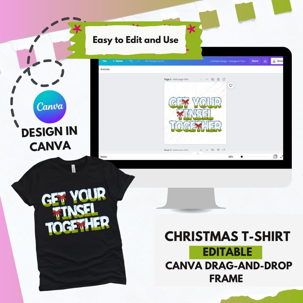 Editable Christmas Tshirt, Get Your Tinsle Together, Canva Tshirt Template, Canva Template, Canva, Tshirt Template, Canva Christmas Moderndaydecors