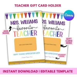 Porta tarjetas de regalo editable, Porta tarjetas de regalo, Tarjeta de regalo de crayón para profesor Canva, Plantilla Canva, Imprimible, Nombre del profesor, Plantilla editable