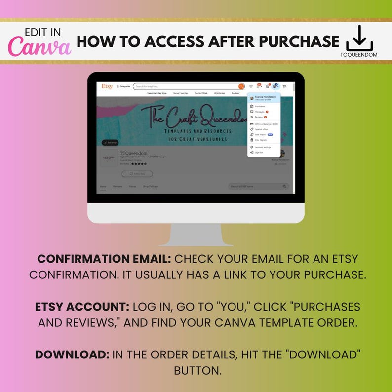 May include: A computer monitor displays an Etsy shop page with the text "The Craft Queens" and instructions on how to access a purchase. The text includes "Confirmation Email," "Etsy Account," and "Download." The background is a gradient of pink and green.