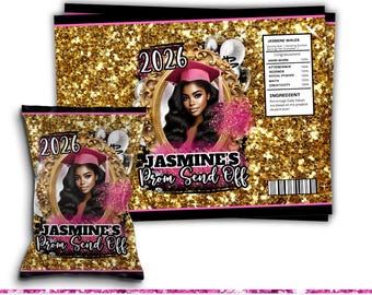 May include: A chip bag design with a gold glitter background and black accents. The design features a portrait of a woman in a graduation cap, the text "2026", and "Jasmine's Prom Send Off".