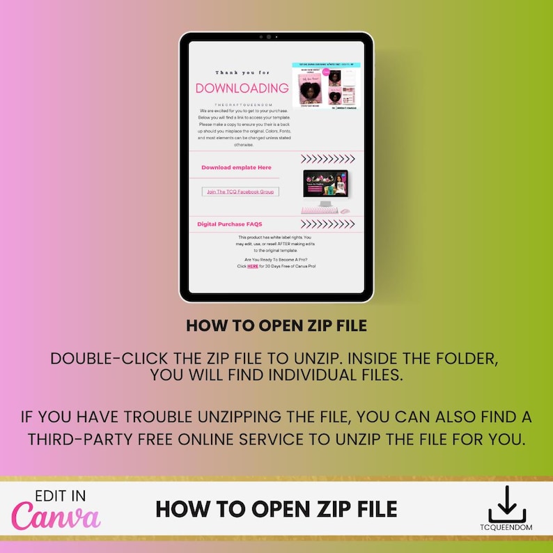May include: A digital tablet displays a webpage with the text "Thank you for DOWNLOADING." Instructions on how to open a ZIP file are below. The bottom of the image says "Edit in Canva."
