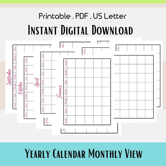 Blank Yearly Calendar, Monthly Calendar Blank Twelve Months, Template Small  Business Printable, Calendar Template, Planners and Organization - Etsy