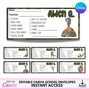 Peut inclure: Enveloppes scolaires avec un motif camouflage, comprenant des champs pour la date, le professeur et les types d'argent. Le nom "Aiden Q." est affiché, avec une illustration de volcan. Le texte inférieur indique "EDIT IN Canva" et "INSTANT ACCESS".