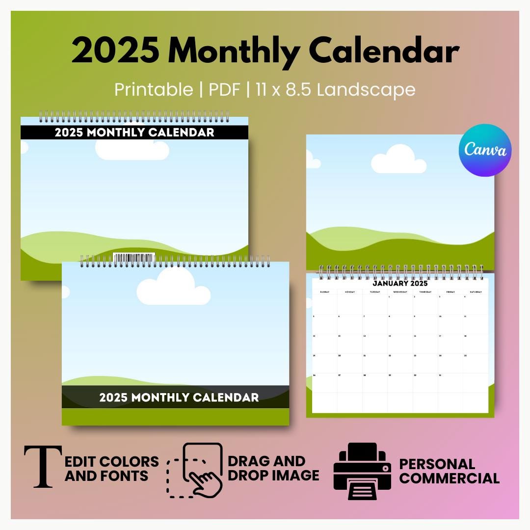 2025 Editable Monthly Calendar, Canva Monthly Calendar, Canva Calendar ...