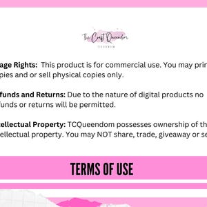 May include: A pink and white graphic with the text "The Craft Queendom" at the top. The image lists usage rights, refunds and returns, and intellectual property information. The words "TERMS OF USE" are in a pink rectangle at the bottom.