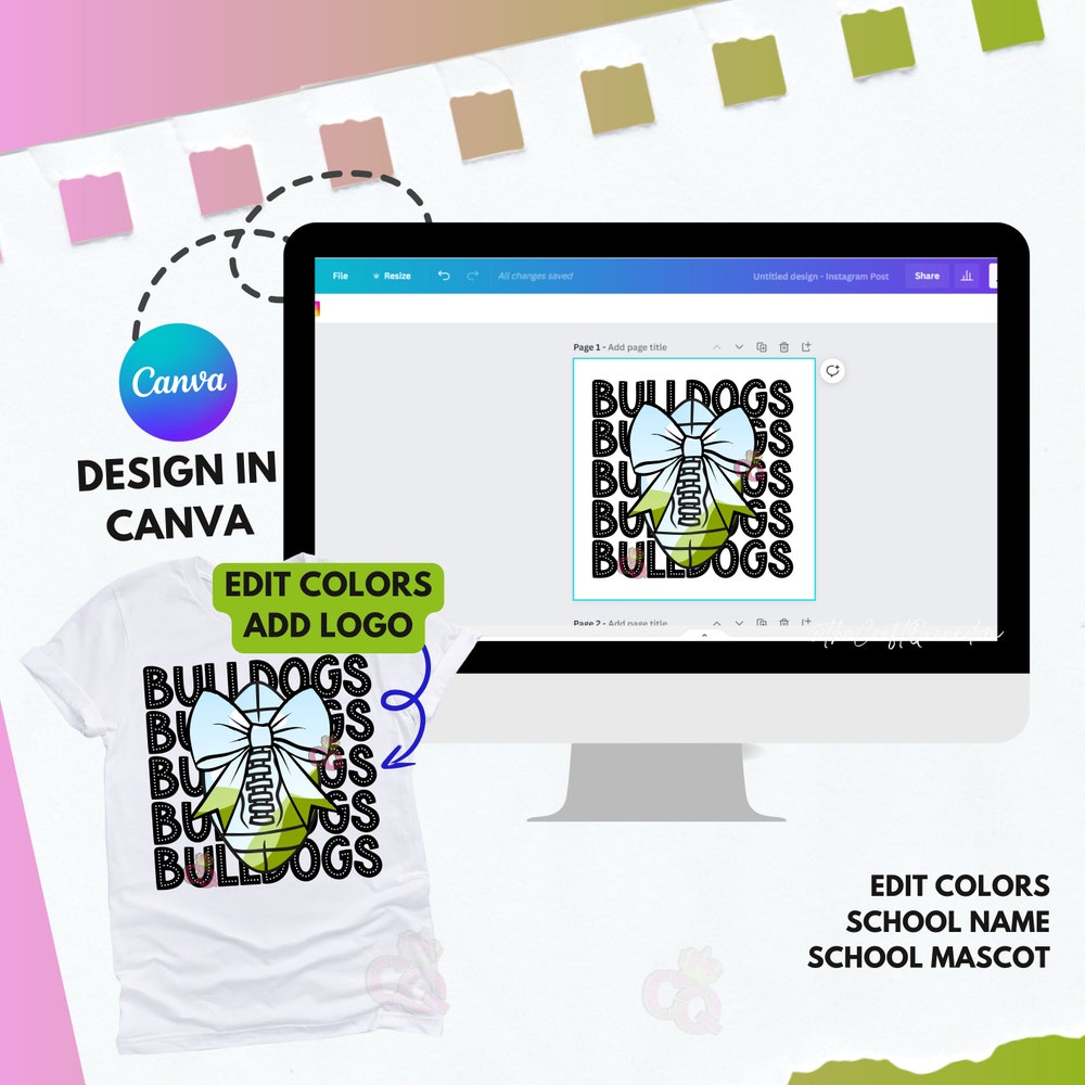 Coquette Bow Football Game Day Canva Template, Canva Template, Editable, Canva T-Shirt, Canva Football, Canva School, Team Name Bespoketshirt