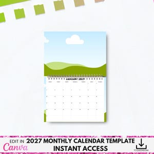May include: A spiral-bound monthly calendar template for 2027, featuring a landscape image of a blue sky, white cloud, and green hills. The calendar includes the text "January 2027" and the Canva logo with the text "Edit in 2027 Monthly Calendar Template Instant Access".