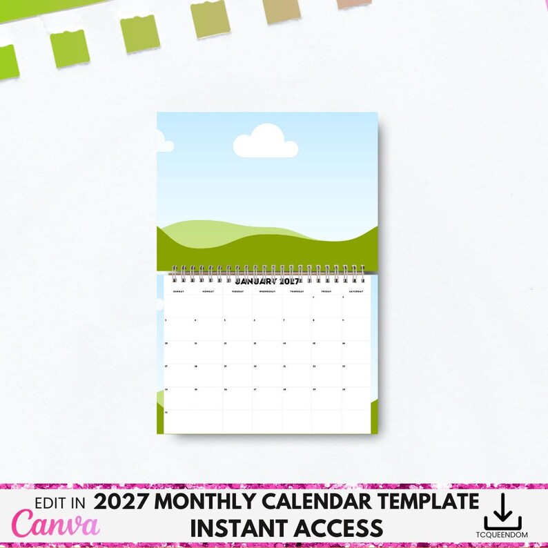 May include: A spiral-bound monthly calendar template for 2027, featuring a landscape image of a blue sky, white cloud, and green hills. The calendar includes the text "January 2027" and the Canva logo with the text "Edit in 2027 Monthly Calendar Template Instant Access".
