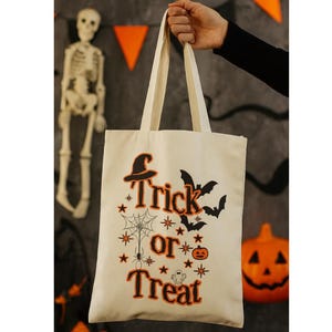 Trick or Treat Halloween Candy Bag – 100% Cotton Tote Bag – Reusable Halloween Treat Bag for Kids – Spooky Trick or Treat Tote
