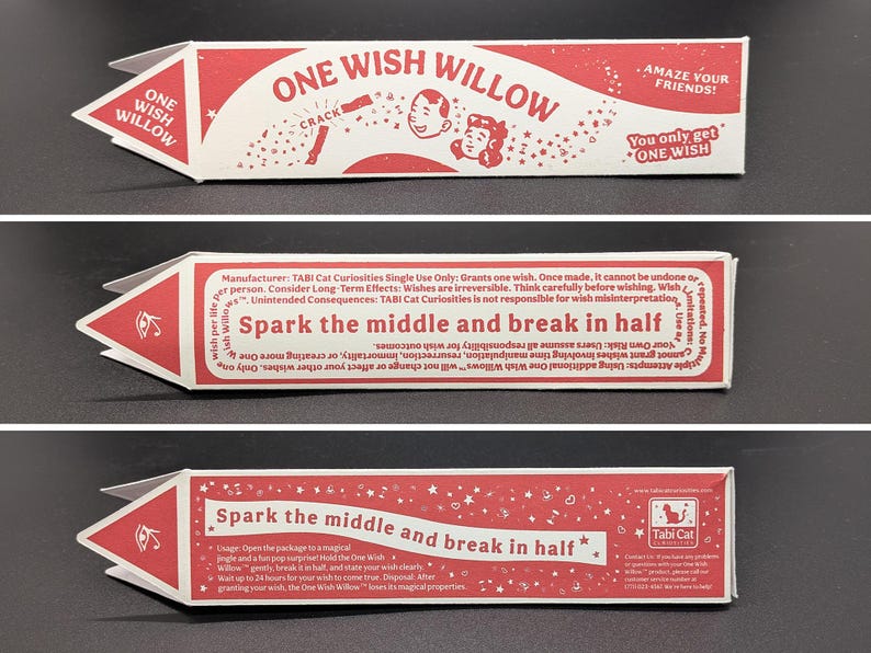 May include: A red and white rectangular paper package labeled One Wish Willow. The packaging features text instructions to spark the middle and break in half, along with illustrations of faces, stars, and an eye symbol on the pointed end.