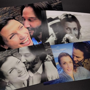 May include: Four different photographs of couples smiling and looking at each other. The photos are printed on white paper and arranged in a square shape.
