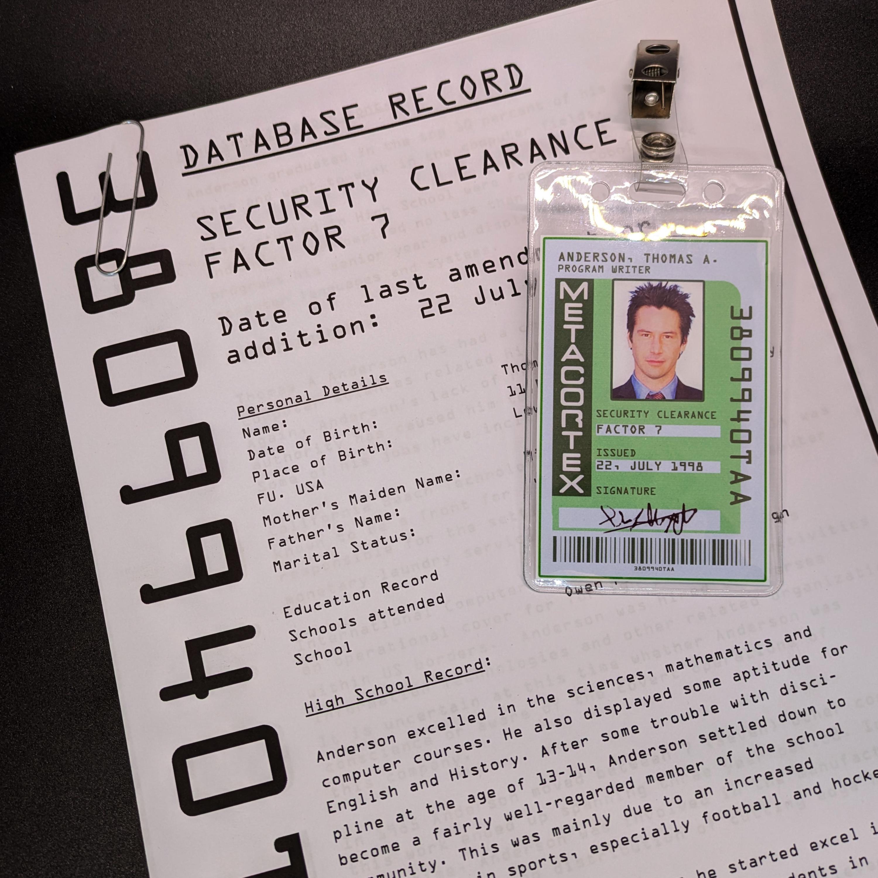 THE MATRIX (1999) - Neo's Data Record File Dossier & Employee ID