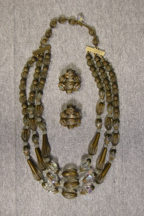 1950's Tri Strand Necklace and Earring Set