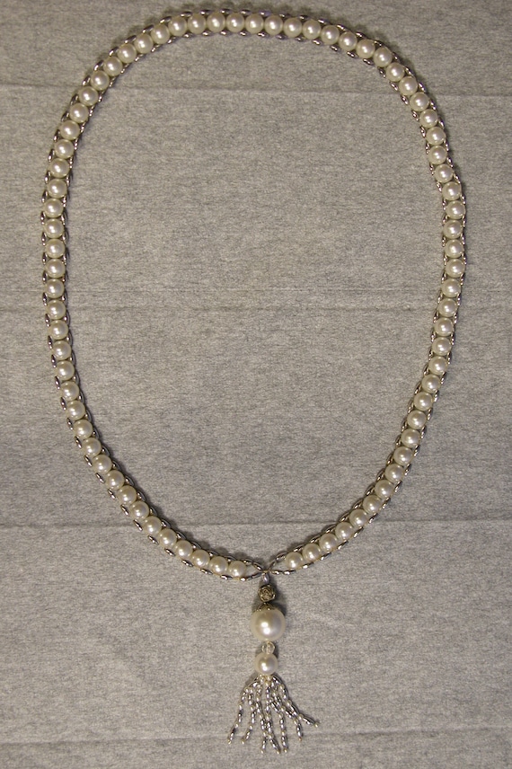 1950's Pearl Necklace W/ Pearl and Stone Tassel