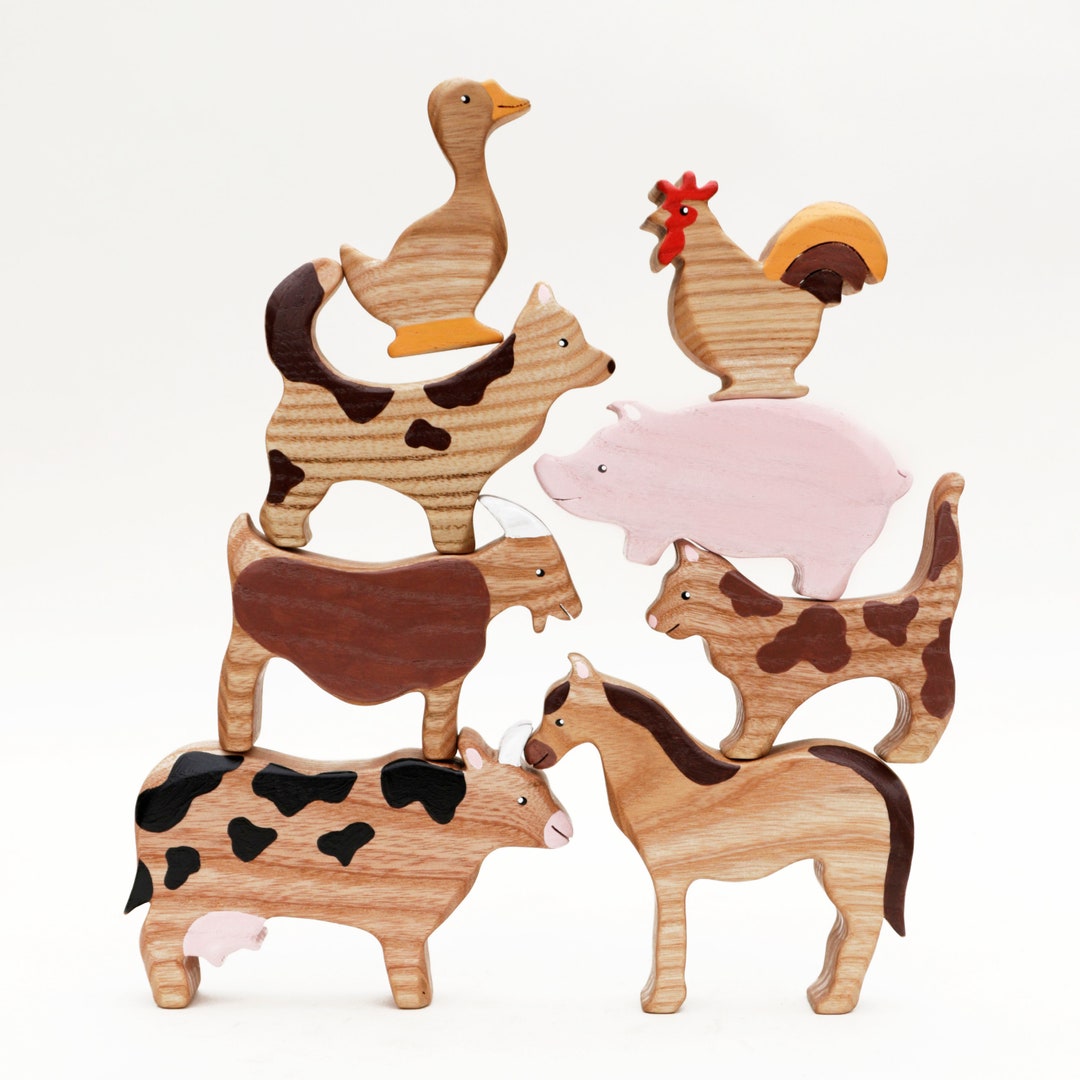 Set of Farm Animals Wooden Figurines Gifts for Kids Adult Pic Hq