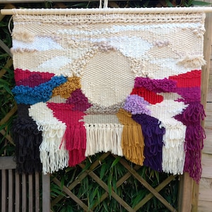 XL colorful hanging tapestry in alpaca wool and natural cotton, hand-woven