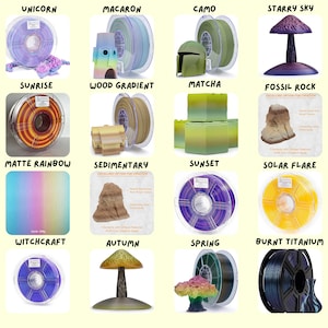 May include: Assortment of colourful filament spools for 3D printing, each with a unique name and design. The names include Unicorn, Macaron, Camo, Starry Sky, Sunrise, Wood Gradient, Matcha, Fossil Rock, Matte Rainbow, Sedimentary, Sunset, Solar Flare, Witchcraft, Autumn, Spring, and Burnt Titanium.
