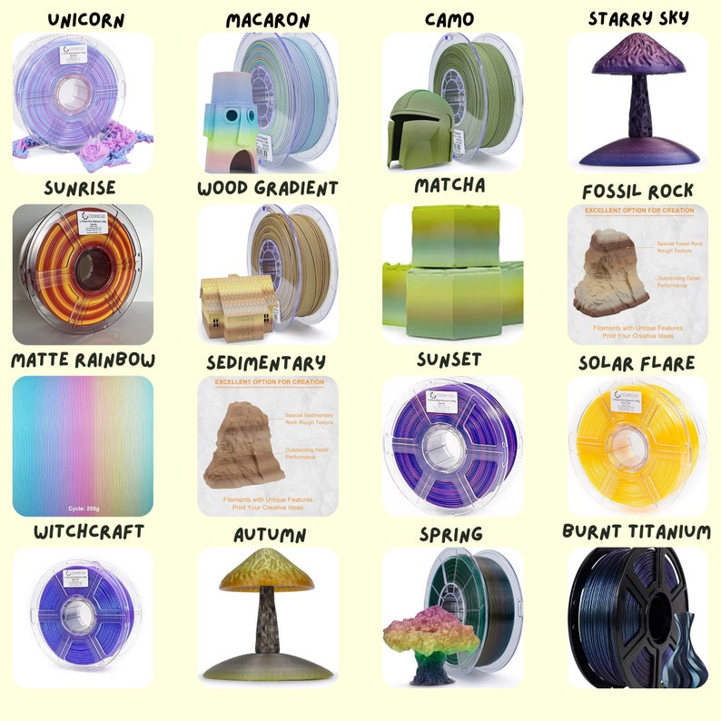 May include: Assortment of colourful filament spools for 3D printing, each with a unique name and design. The names include Unicorn, Macaron, Camo, Starry Sky, Sunrise, Wood Gradient, Matcha, Fossil Rock, Matte Rainbow, Sedimentary, Sunset, Solar Flare, Witchcraft, Autumn, Spring, and Burnt Titanium.