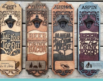 Personalized Bottle Opener with catch box wall mounted bar gift for beer lovers