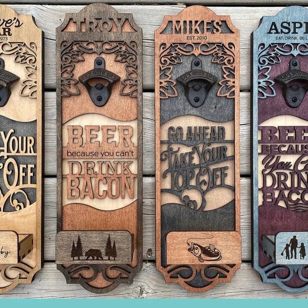 Personalized Bottle Opener with catch box wall mounted bar gift for beer lovers