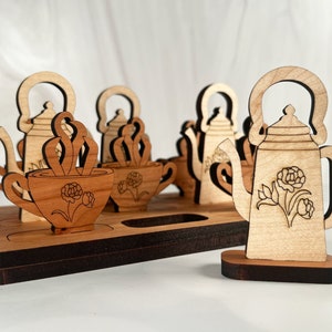 Tea themed Tic Tac Toe game handmade wooden game Teacup & Teapot game themed pieces