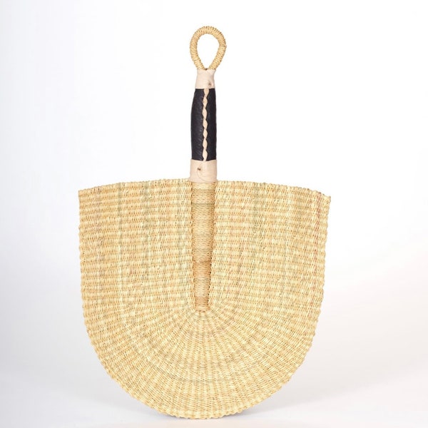 Hand-woven In Ghana African Handheld Bolga Fan, Wall Art Decor, with Leather Handles Men and Women - Tan Size: 17"-20" Tall