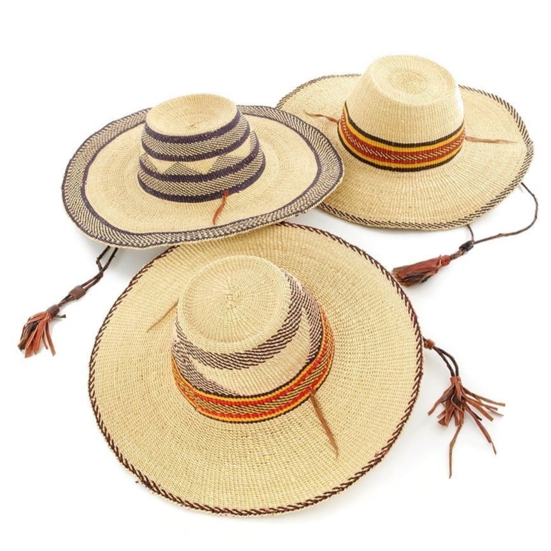 Ghanaian Straw Hats With Wide Brim Leather Strap Assorted Etsy