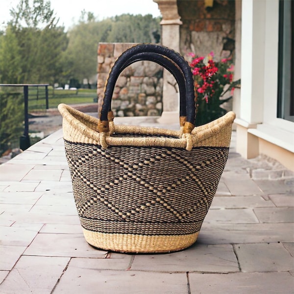 Large U-Shopper Yikene - Ghana Beach Tote Bag/Basket - Black & Tan