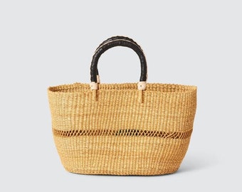 Vea Heavy Duty African Basket - Ghana Bolga - Shopping Natural Basket - Dye Free Open Diameter 19" x H: 12" without handles 18" With Handles