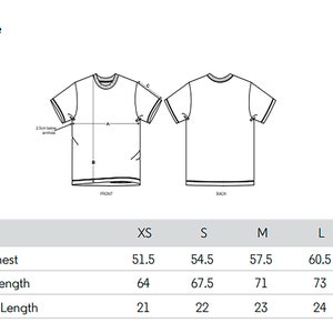 May include: A size guide for t-shirts, showing front and back views of the garment. Measurements are provided for half chest, body length, and sleeve length in centimeters, ranging from XS to XL sizes.