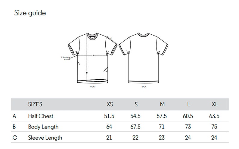 May include: A size guide for t-shirts, showing front and back views of the garment. Measurements are provided for half chest, body length, and sleeve length in centimeters, ranging from XS to XL sizes.