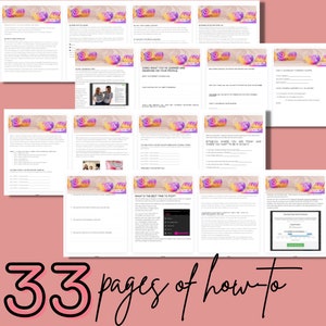 May include: A collection of 33 pages with tips and strategies for growing an Etsy shop. The pages are filled with text and images, including a screenshot of a phone screen showing a social media app.