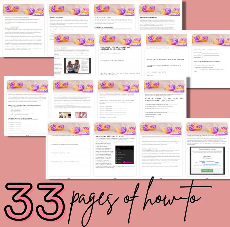 May include: A collection of 33 pages with tips and strategies for growing an Etsy shop. The pages are filled with text and images, including a screenshot of a phone screen showing a social media app.