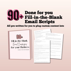Könnte beinhalten: Ein pinkfarbenes und weißes Buch mit dem Titel "90+ Ausfüllbare E-Mail-Kampagnen für Ihr Unternehmen" und dem Text "Enthält 18 Solo-E-Mail-Kampagnen". Das Buch ist geöffnet, um leere E-Mail-Vorlagen zu zeigen.