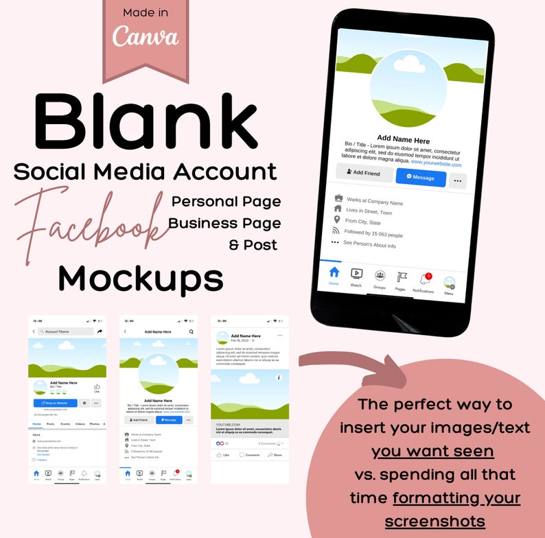 May include: Mockup of a Facebook page with a green and white landscape design. The page includes a profile picture, bio, and links to the user's friends, photos, and videos. The text "Add Name Here" is displayed in the profile picture area. The text "The perfect way to insert your images/text you want seen vs. spending all that time formatting your screenshots" is displayed below the mockup.