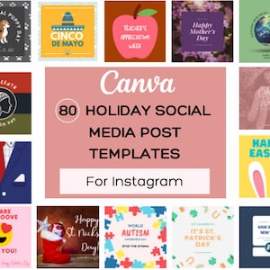 Puede incluir: Un collage de 80 plantillas de publicaciones en redes sociales para días festivos, con diversos diseños y temas. Las plantillas son para Instagram e incluyen festividades como el Cinco de Mayo, el Día de la Madre, el Día de la Tierra, Juneteenth, el Día Nacional del Jefe, el Día de San Valentín, el Día de San Patricio, Pascua, el Día Mundial de Concientización sobre el Autismo, y más.