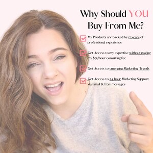 May include: A woman smiles and points to a list of reasons why you should buy from her. The list includes 17 years of professional experience, access to her expertise, access to emerging marketing trends, and 24-hour marketing support via email and Etsy messages.