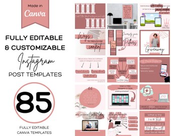 May include: A collage of 85 fully editable Instagram post templates in pink and white with text that says "Fully Editable & Customizable Instagram Post Templates" and "85 Fully Editable Canva Templates".