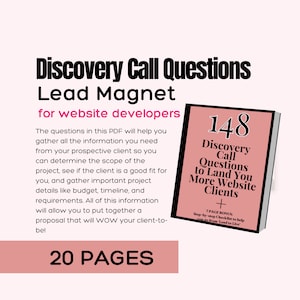Może przedstawiać: Różowo-biały magnes na leady dla programistów stron internetowych zatytułowany "148 pytań z rozmowy kwalifikacyjnej, aby zdobyć więcej klientów stron internetowych". Magnes na leady to plik PDF o 20 stronach i zawiera 7-stronicową dodatkową listę kontrolną.