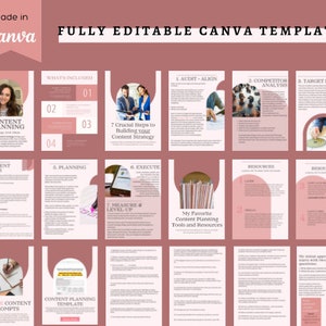 May include: A pink and white digital marketing template with the text "Content Planning" and "7 Crucial Steps to Building Your Content Strategy". The template includes sections for competitor analysis, target persona, content pillars, planning, and execution.